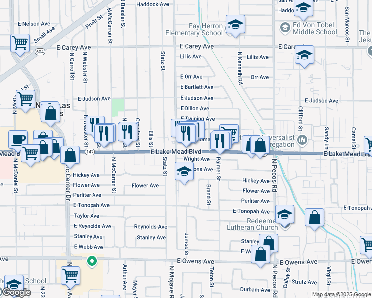 map of restaurants, bars, coffee shops, grocery stores, and more near 3100 East Lake Mead Boulevard in North Las Vegas
