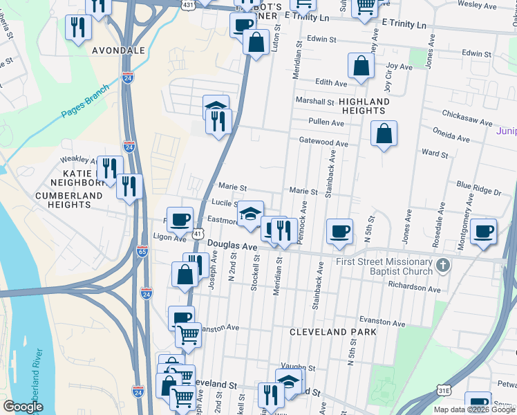 map of restaurants, bars, coffee shops, grocery stores, and more near 131 Lucile Street in Nashville