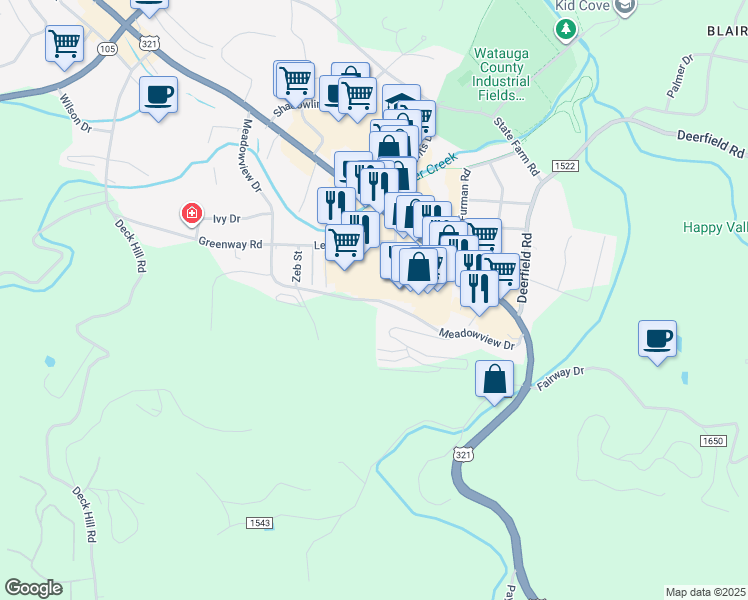 map of restaurants, bars, coffee shops, grocery stores, and more near Meadowview Drive in Boone