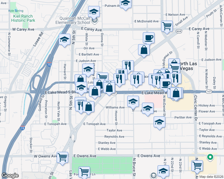 map of restaurants, bars, coffee shops, grocery stores, and more near 2043 Las Vegas Boulevard North in North Las Vegas