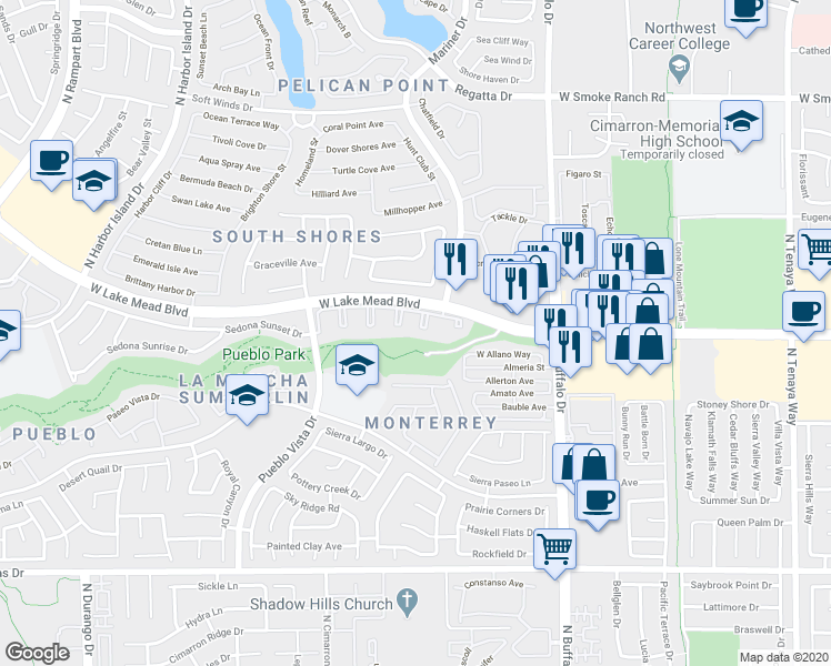 map of restaurants, bars, coffee shops, grocery stores, and more near 1908 High Valley Court in Las Vegas