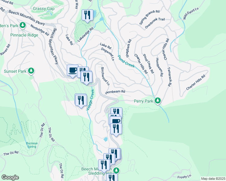 map of restaurants, bars, coffee shops, grocery stores, and more near 109 Beechwood Lane in Beech Mountain