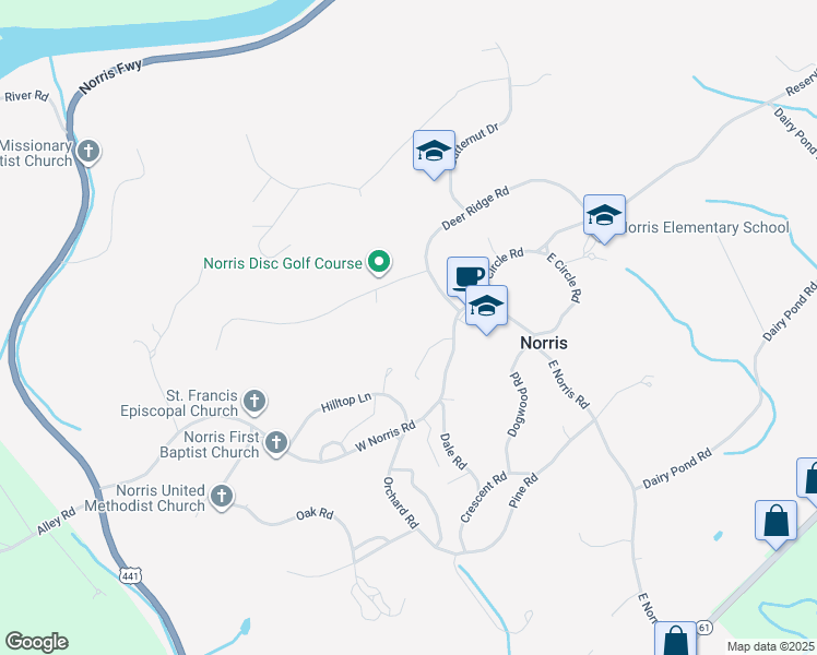 map of restaurants, bars, coffee shops, grocery stores, and more near 11D Chestnut Drive in Norris