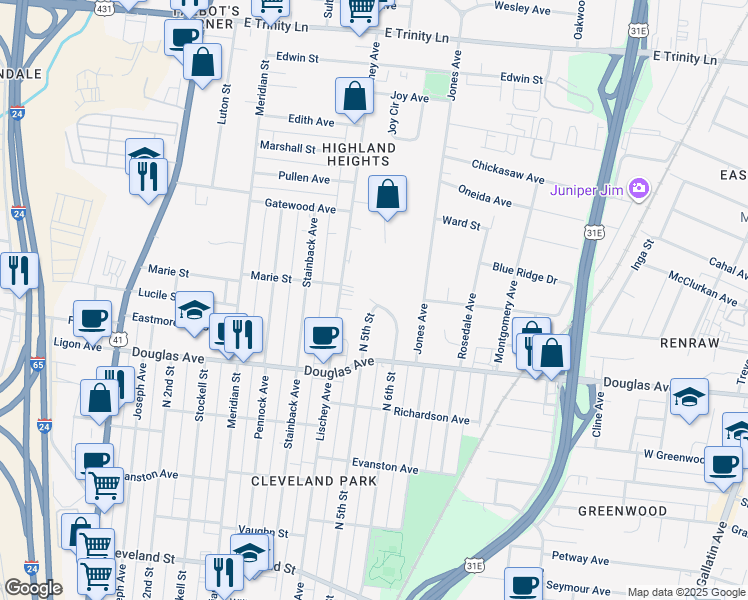 map of restaurants, bars, coffee shops, grocery stores, and more near 1329 North 6th Street in Nashville