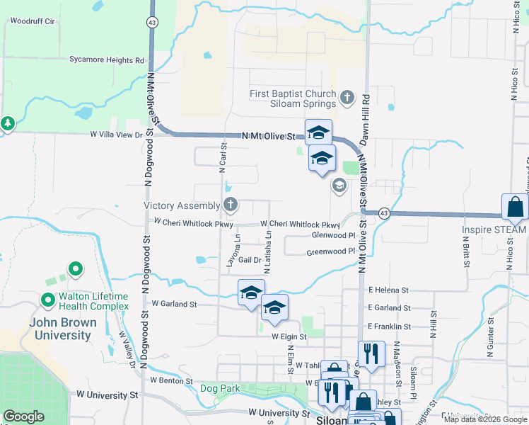 map of restaurants, bars, coffee shops, grocery stores, and more near 510 Maci Court in Siloam Springs