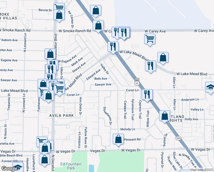 map of restaurants, bars, coffee shops, grocery stores, and more near 4232 Sawyer Avenue in Las Vegas