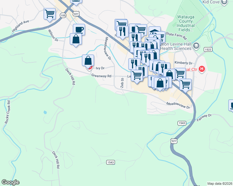 map of restaurants, bars, coffee shops, grocery stores, and more near 523d Meadowview Drive in Boone