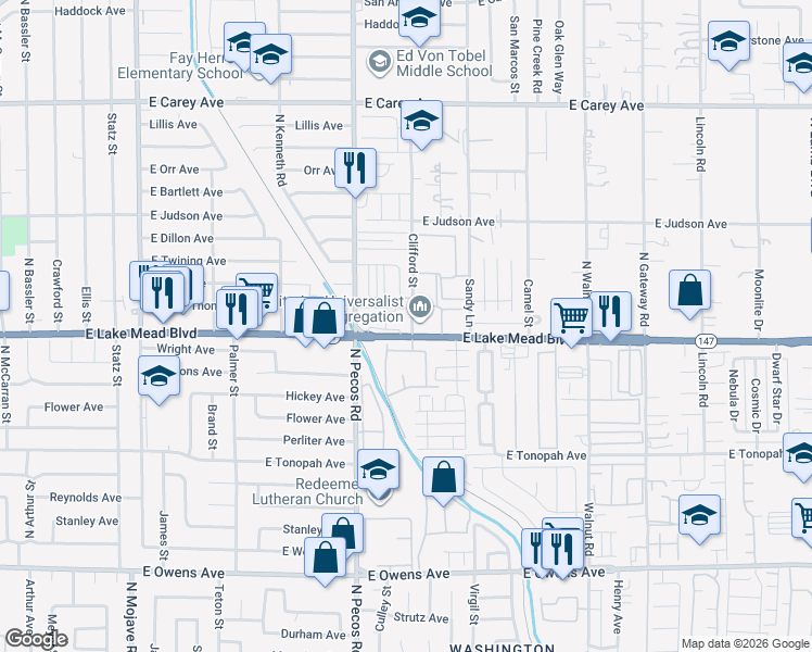 map of restaurants, bars, coffee shops, grocery stores, and more near 3550 East Lake Mead Boulevard in Las Vegas