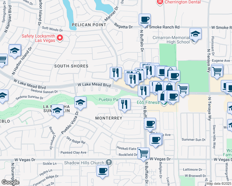 map of restaurants, bars, coffee shops, grocery stores, and more near 1900 Rio Canyon Court in Las Vegas