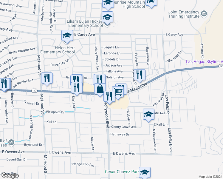 map of restaurants, bars, coffee shops, grocery stores, and more near 6800 East Lake Mead Boulevard in Las Vegas