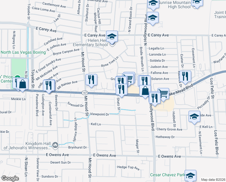 map of restaurants, bars, coffee shops, grocery stores, and more near 6420 East Elwood Mead Avenue in Las Vegas