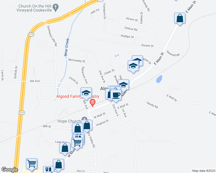 map of restaurants, bars, coffee shops, grocery stores, and more near 152 2nd Avenue North in Cookeville