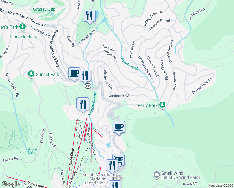 map of restaurants, bars, coffee shops, grocery stores, and more near 105 Hornbeam Road in Beech Mountain