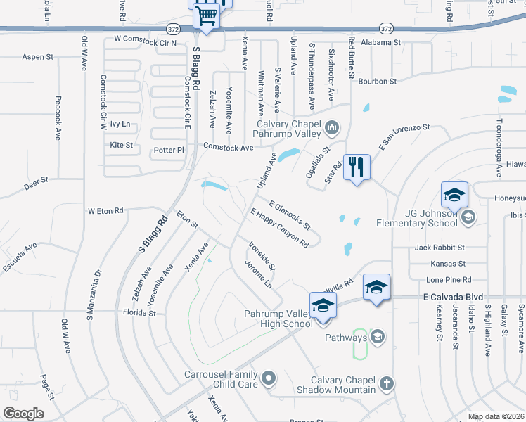 map of restaurants, bars, coffee shops, grocery stores, and more near 241 East Glenoaks Street in Pahrump