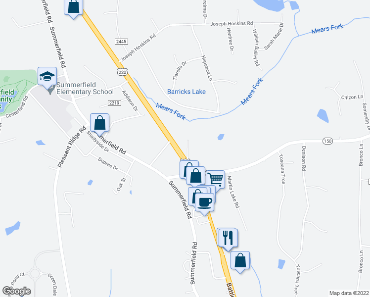 map of restaurants, bars, coffee shops, grocery stores, and more near 4622 U.S. 220 in Summerfield