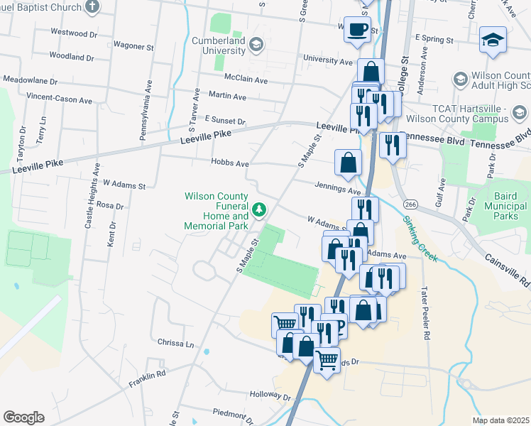 map of restaurants, bars, coffee shops, grocery stores, and more near 612 South Maple Street in Lebanon