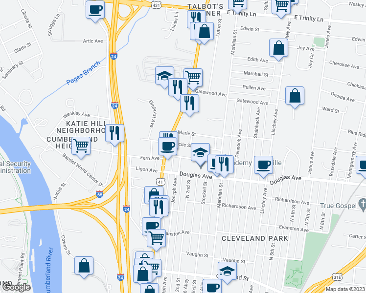 map of restaurants, bars, coffee shops, grocery stores, and more near 112 Lucile Street in Nashville