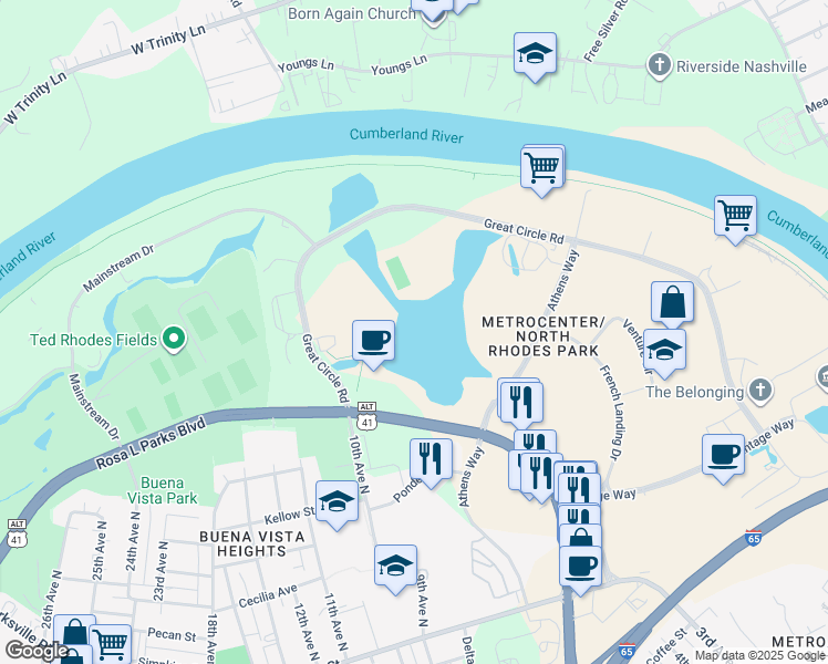 map of restaurants, bars, coffee shops, grocery stores, and more near in Nashville