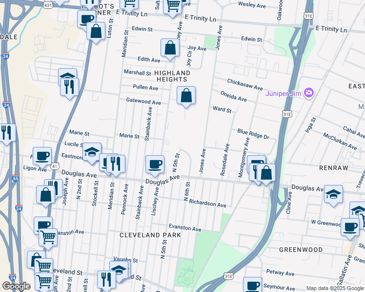 map of restaurants, bars, coffee shops, grocery stores, and more near 1329 North 6th Street in Nashville