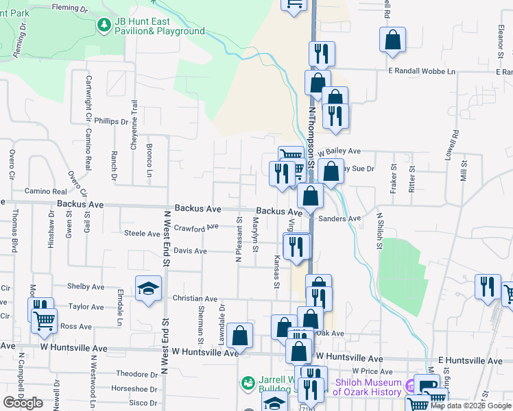 map of restaurants, bars, coffee shops, grocery stores, and more near 1104 Backus Avenue in Springdale
