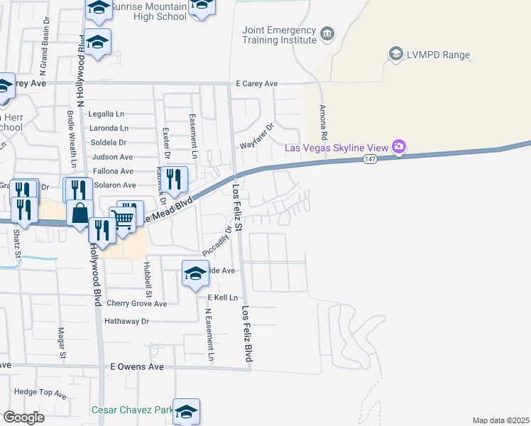 map of restaurants, bars, coffee shops, grocery stores, and more near 2050 Los Feliz Street in Las Vegas