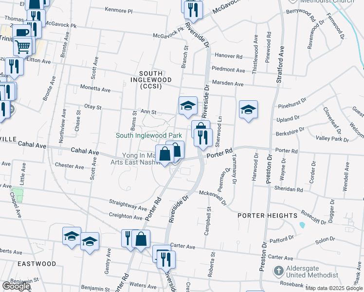 map of restaurants, bars, coffee shops, grocery stores, and more near 1613 Branch Street in Nashville