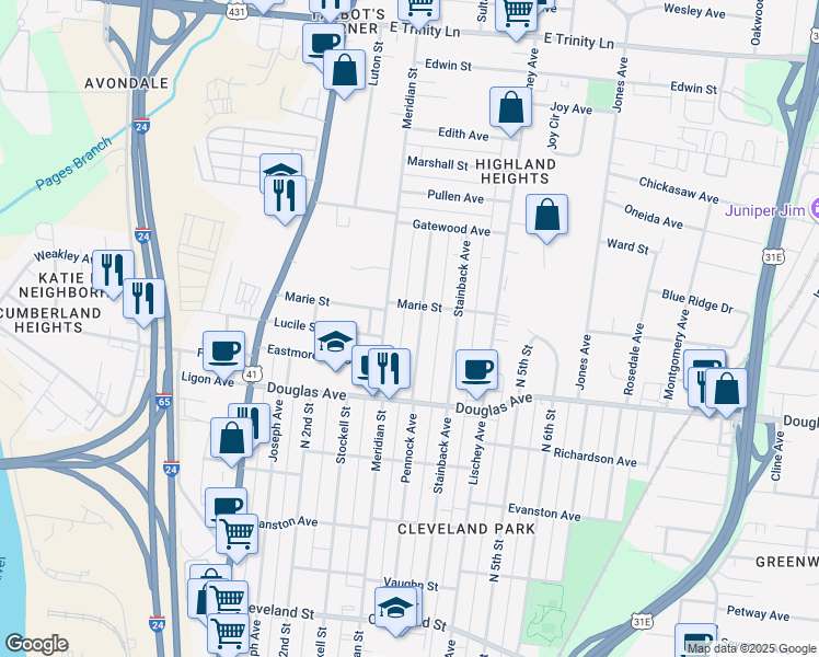 map of restaurants, bars, coffee shops, grocery stores, and more near 1336 Pennock Avenue in Nashville