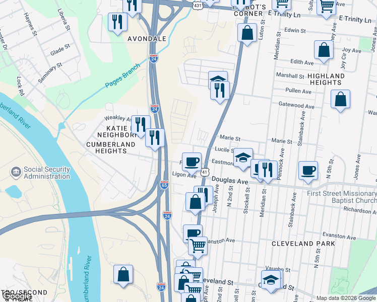 map of restaurants, bars, coffee shops, grocery stores, and more near 123 Elmhurst Avenue in Nashville