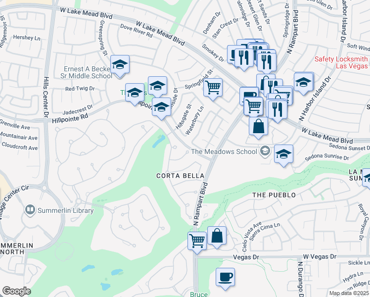 map of restaurants, bars, coffee shops, grocery stores, and more near 8833 Valley Creek Drive in Las Vegas