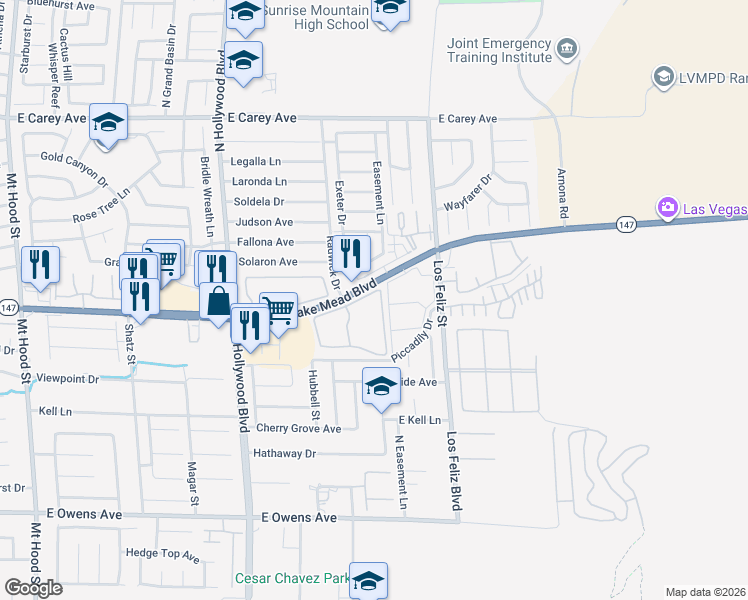 map of restaurants, bars, coffee shops, grocery stores, and more near 6901 East Lake Mead Boulevard in Las Vegas