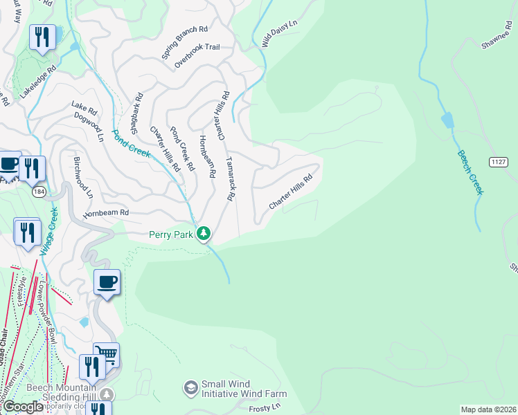 map of restaurants, bars, coffee shops, grocery stores, and more near 1013 Charter Hills Road in Beech Mountain