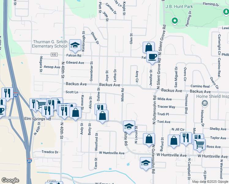 map of restaurants, bars, coffee shops, grocery stores, and more near 3006 Scott Lane in Springdale