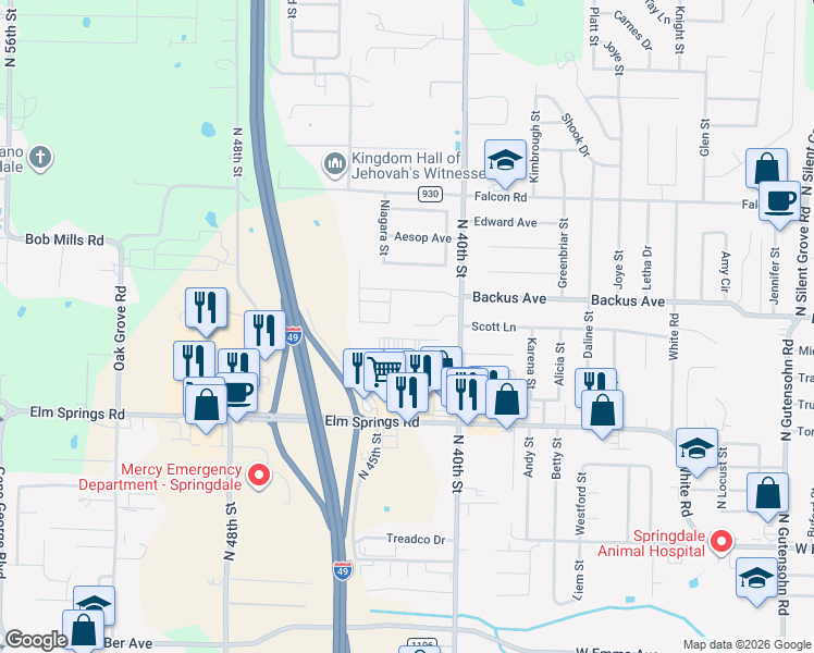 map of restaurants, bars, coffee shops, grocery stores, and more near 1301 Steuben Street in Springdale