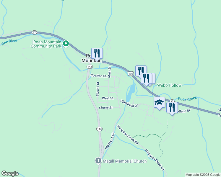 map of restaurants, bars, coffee shops, grocery stores, and more near 401 Johnson Street in Roan Mountain