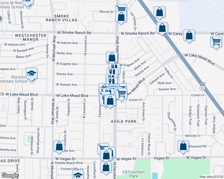 map of restaurants, bars, coffee shops, grocery stores, and more near 2047 North Decatur Boulevard in Las Vegas