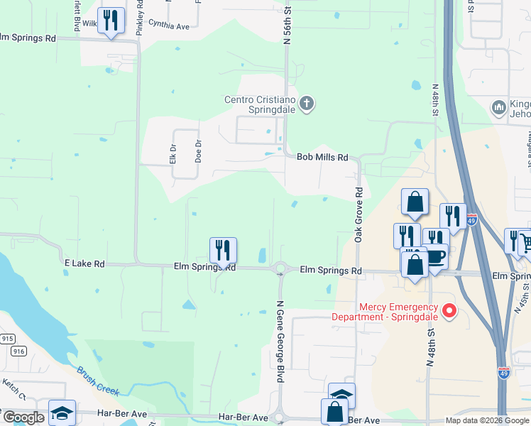 map of restaurants, bars, coffee shops, grocery stores, and more near 5640 Elm Springs Road in Springdale