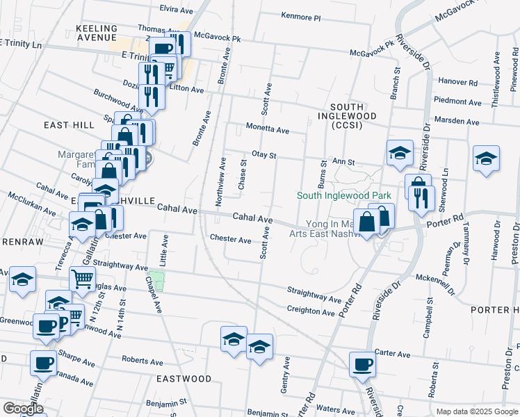 map of restaurants, bars, coffee shops, grocery stores, and more near 1629 Cahal Avenue in Nashville