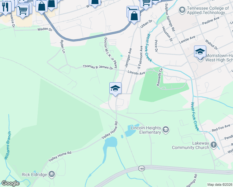 map of restaurants, bars, coffee shops, grocery stores, and more near 846 Jarnigan Avenue in Morristown
