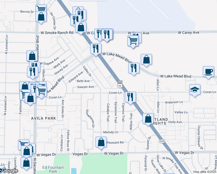 map of restaurants, bars, coffee shops, grocery stores, and more near 2031 Hussium Hills Street in Las Vegas