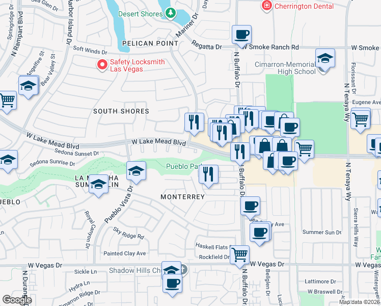 map of restaurants, bars, coffee shops, grocery stores, and more near 1909 Rio Canyon Court in Las Vegas