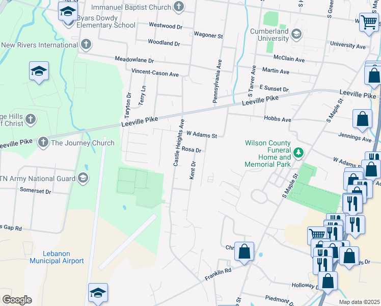 map of restaurants, bars, coffee shops, grocery stores, and more near 616 Rosa Drive in Lebanon