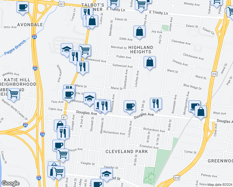 map of restaurants, bars, coffee shops, grocery stores, and more near 1336 Pennock Avenue in Nashville