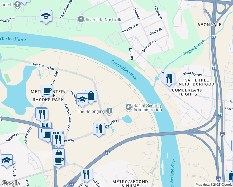 map of restaurants, bars, coffee shops, grocery stores, and more near 245 Great Circle Road in Nashville