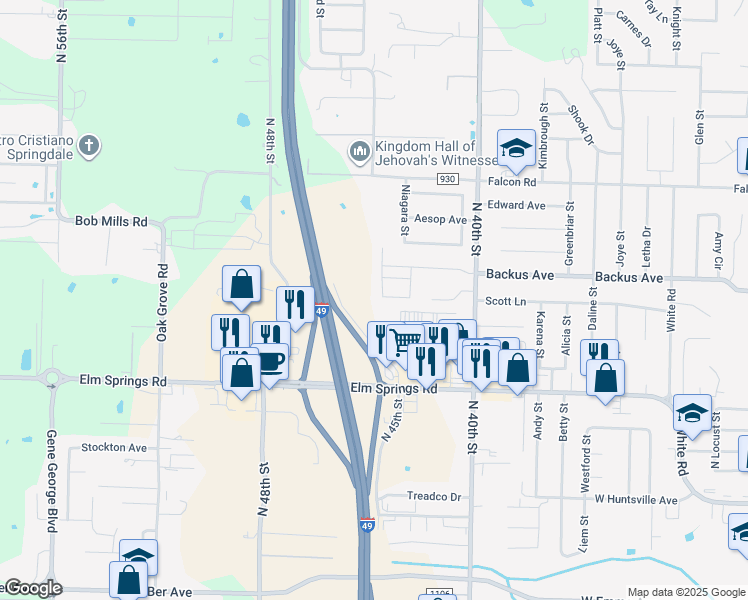 map of restaurants, bars, coffee shops, grocery stores, and more near 1312 Fredonia Street in Springdale