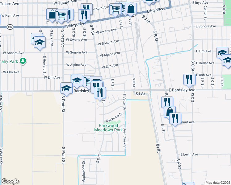 map of restaurants, bars, coffee shops, grocery stores, and more near 1001 Sherwood Court in Tulare