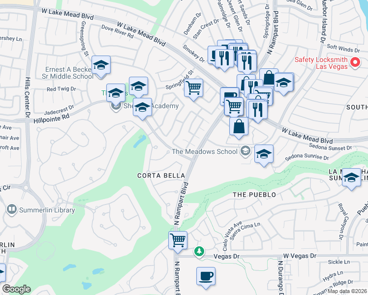 map of restaurants, bars, coffee shops, grocery stores, and more near 8812 Valley Creek Drive in Las Vegas