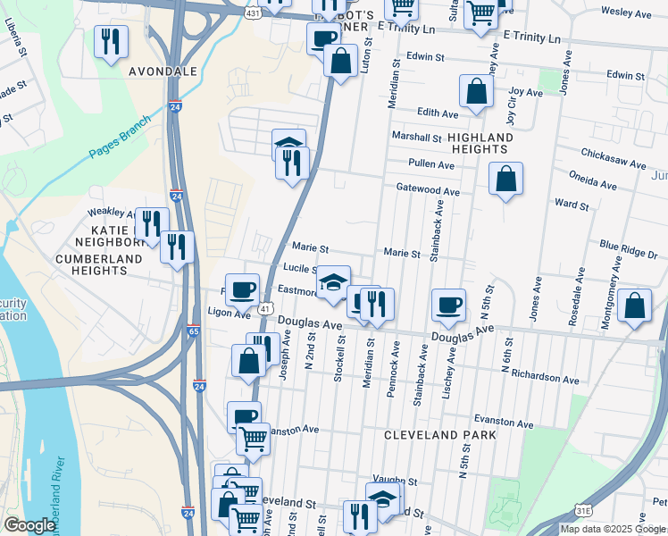 map of restaurants, bars, coffee shops, grocery stores, and more near 131 Lucile Street in Nashville