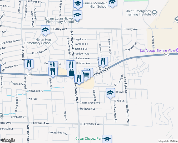 map of restaurants, bars, coffee shops, grocery stores, and more near 6800 East Lake Mead Boulevard in Las Vegas