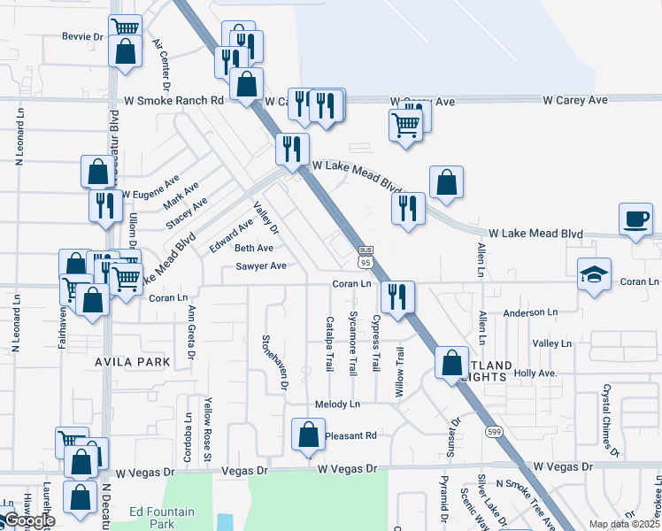 map of restaurants, bars, coffee shops, grocery stores, and more near 2030 Rancho Lake Drive in Las Vegas