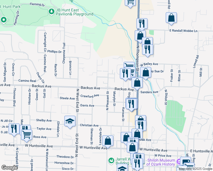 map of restaurants, bars, coffee shops, grocery stores, and more near 1202 Backus Avenue in Springdale